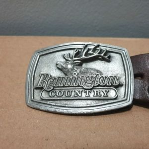 Vtg Remington country elk pewter belt buckle w/ leather belt